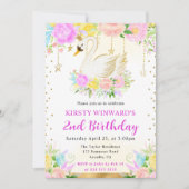 水彩ピンクと黄色の花スワン誕生日 招待状 (正面)