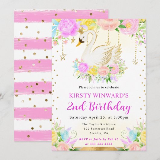 水彩ピンクと黄色の花スワン誕生日 招待状 (正面/裏面)