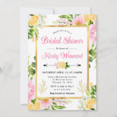 水彩ピンクと黄色の花ブライダルシャワー 招待状 (正面)