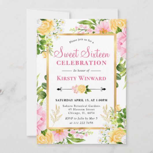 水彩ピンクと黄色の花甘い16 招待状 (正面)
