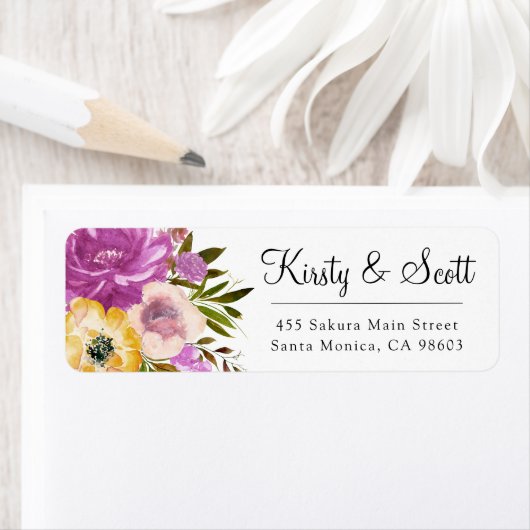 水彩ピンクと黄色の花結婚の住所 ラベル (インサイチュ)