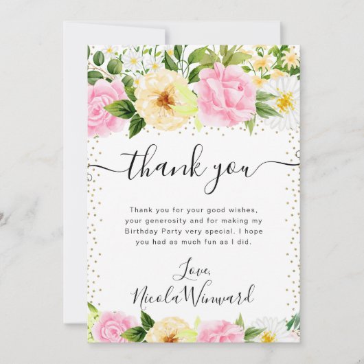 水彩ピンクと黄色の花誕生日 サンキューカード (正面)