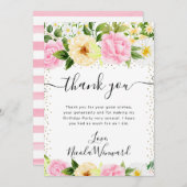 水彩ピンクと黄色の花誕生日 サンキューカード (正面/裏面)