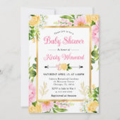水彩ピンクと黄色の花赤ちゃんシャワー 招待状 (正面)