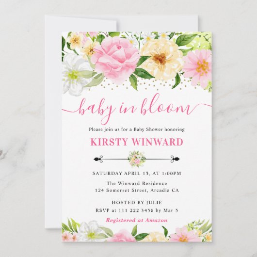 水彩ピンクと黄色の花赤ちゃんシャワー 招待状 (正面)