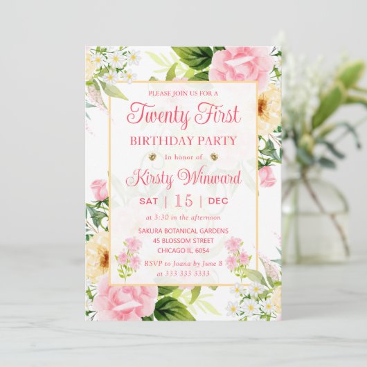 水彩ピンクと黄色の花21歳の誕生日 招待状 (スタンド正面)