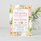 水彩ピンクと黄色の花50誕生日 招待状 (スタンド正面)