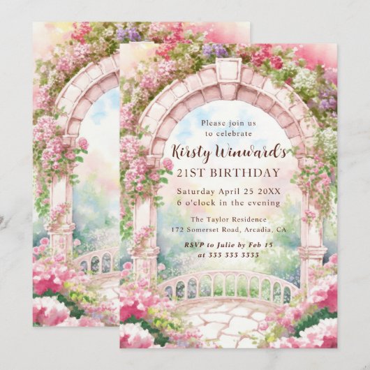 水彩ピンクのイングリッシュガーデンアーチ 21歳の誕生日 招待状 (正面/裏面)