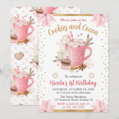 水彩ピンクのウィンターココアとクッキー誕生日 招待状 (正面/裏面)