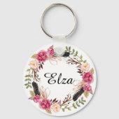 水彩ピンクのエレガント花模様と羽毛のキー キーホルダー (正面)
