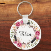 水彩ピンクのエレガント花模様と羽毛のキー キーホルダー (正面)