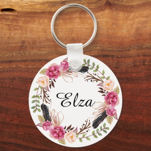 水彩ピンクのエレガント花模様と羽毛のキー キーホルダー (正面)