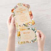 水彩ピンクのオレンジ色の野結婚花 オールインワン招待状 (貼ってはがせる)