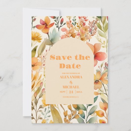 水彩ピンクのオレンジ色の野結婚花 セーブザデート (正面)