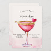 水彩ピンクのカクテルハート独身最後のパーティー 招待状 (正面/裏面)