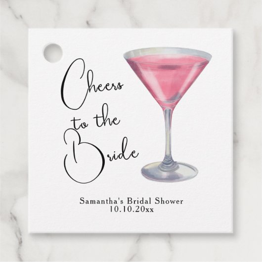 水彩ピンクのカクテル ブライダルシャワー フェイバータグ (正面)