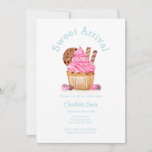 水彩ピンクのカップケーキとチョコレートのベイビーシャワー 招待状 (正面)