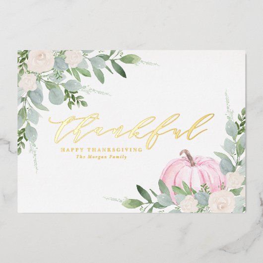 水彩ピンクのカボチャと緑の感謝祭 箔シーズンカード (正面)
