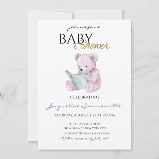 水彩ピンクのクマの赤ちゃんシャワー女の子 招待状 (正面)
