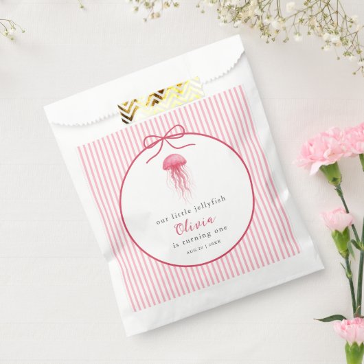 水彩ピンクのクラゲのボウガール 1歳の誕生日 フェイバーバッグ (封をした状態)