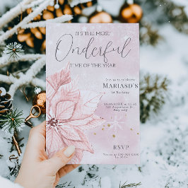 水彩ピンクのクリスマスの花　1歳の誕生日 招待状