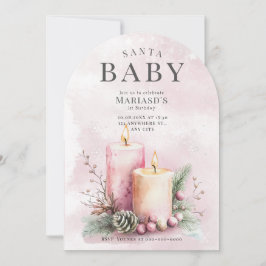 水彩ピンクのクリスマスキャンドル1st誕生日 招待状
