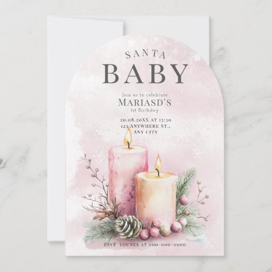 水彩ピンクのクリスマスキャンドル1st誕生日 招待状 (正面)