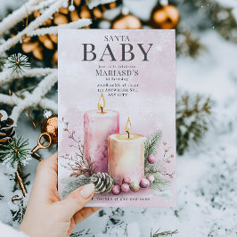 水彩ピンクのクリスマスキャンドル1st誕生日 招待状