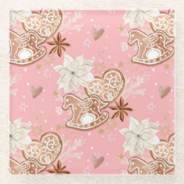 水彩ピンクのクリスマスクッキー&スノーフレーク ガラスコースター