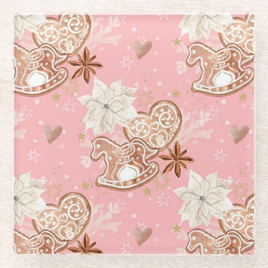 水彩ピンクのクリスマスクッキー&スノーフレーク ガラスコースター (正面)