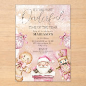 水彩ピンクのクリスマスサンタ1歳の誕生日 アクリル招待状 (正面)