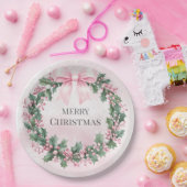 水彩ピンクのクリスマスサンタ1歳の誕生日 ペーパープレート (パーティー)