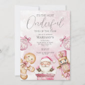 水彩ピンクのクリスマスサンタ1歳の誕生日 招待状 (正面)