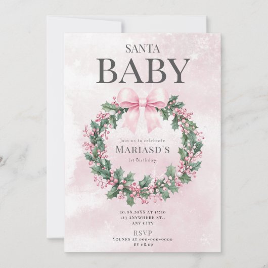 水彩ピンクのクリスマスサンタ1歳の誕生日 招待状 (正面)