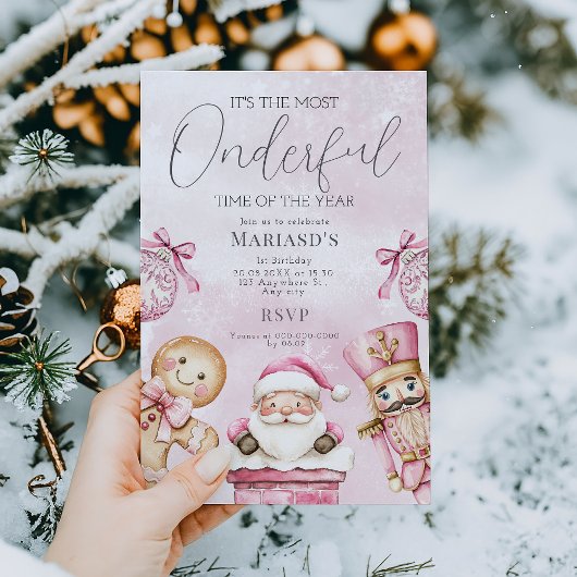 水彩ピンクのクリスマスサンタ1歳の誕生日 招待状