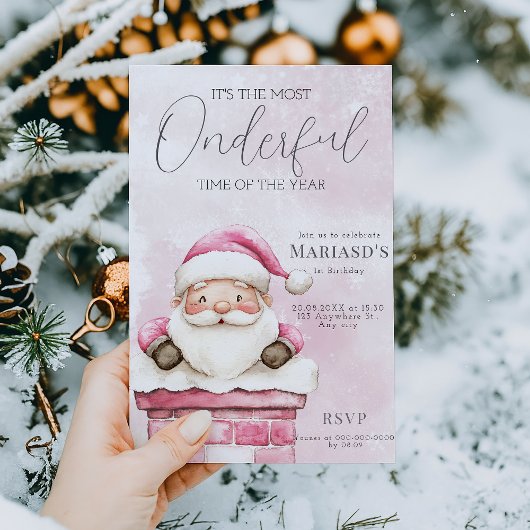 水彩ピンクのクリスマスサンタ1歳の誕生日 招待状