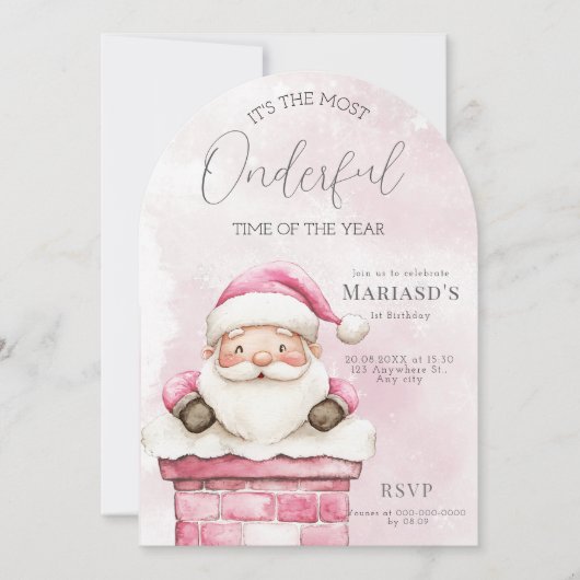 水彩ピンクのクリスマスサンタ1歳の誕生日 招待状 (正面)