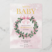 水彩ピンクのクリスマスサンタ1歳の誕生日 箔招待状 (正面)