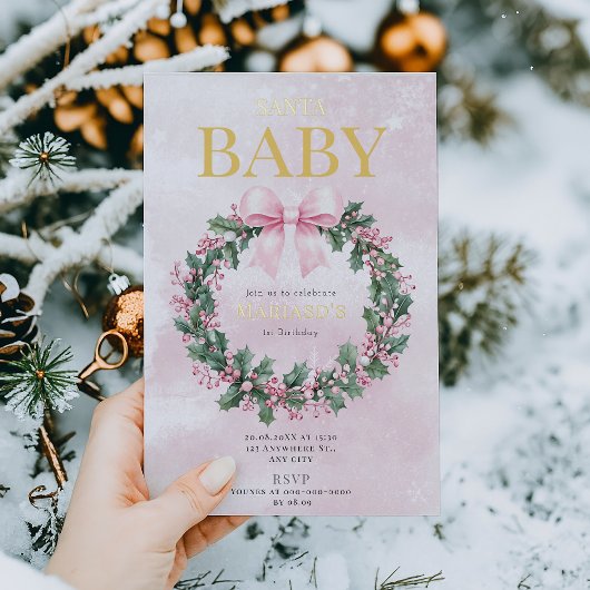 水彩ピンクのクリスマスサンタ1歳の誕生日 箔招待状