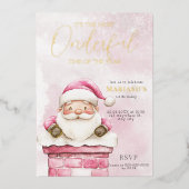 水彩ピンクのクリスマスサンタ1歳の誕生日 箔招待状 (正面)