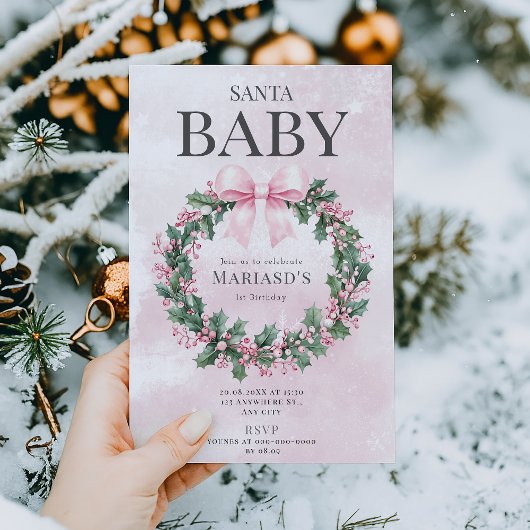水彩ピンクのクリスマスサンタ1歳誕生日 招待状