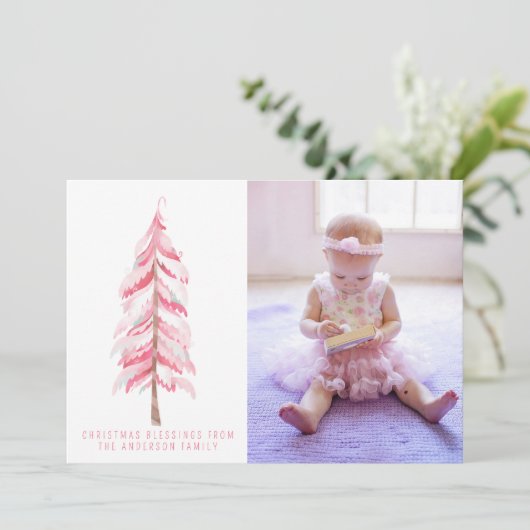 水彩ピンクのクリスマスツリーのフォトカード シーズンカード (スタンド正面)