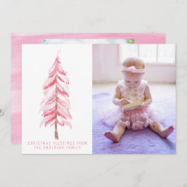 水彩ピンクのクリスマスツリーのフォトカード シーズンカード