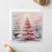 水彩ピンクのクリスマスツリーシーン ノートカード (正面/裏面インサイチュ)