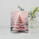 水彩ピンクのクリスマスツリーシーン 箔シーズンポストカード (立ち正面)