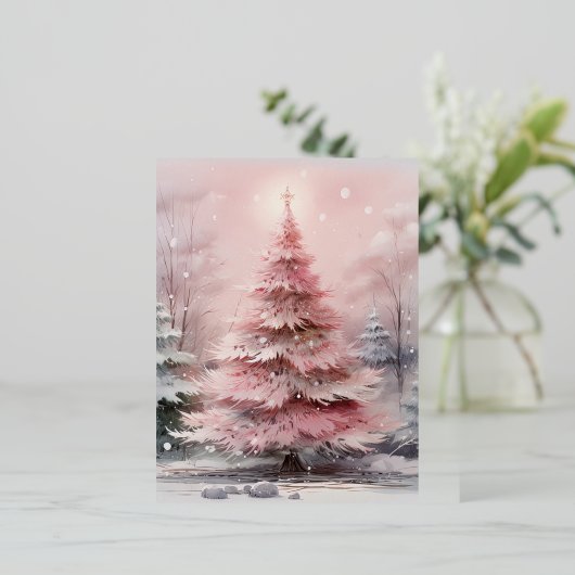 水彩ピンクのクリスマスツリーシーン 箔シーズンポストカード (立ち正面)