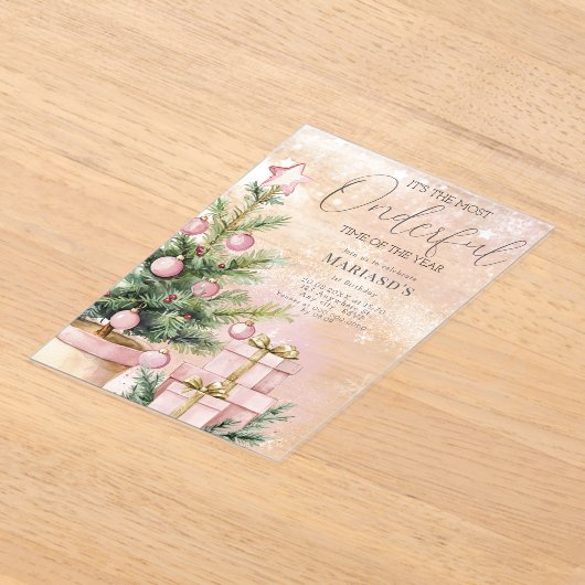 水彩ピンクのクリスマスツリー1st誕生日 アクリル招待状 (レイダウン)