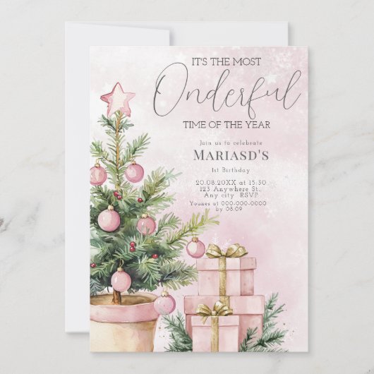 水彩ピンクのクリスマスツリー1st誕生日 招待状 (正面)