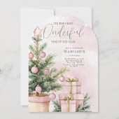 水彩ピンクのクリスマスツリー1st誕生日 招待状 (正面)