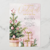 水彩ピンクのクリスマスツリー1st誕生日 箔招待状 (正面)